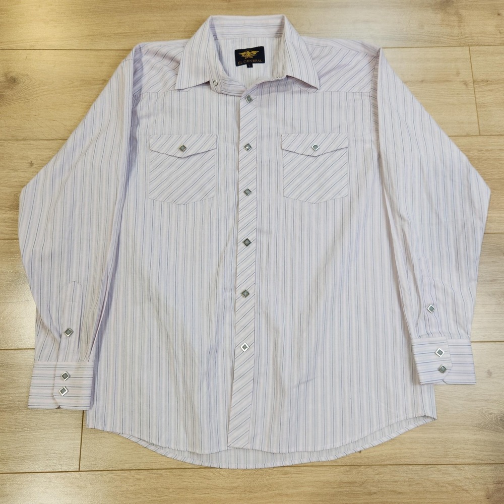 El General Shirt Mens Large White Stripe Long Sleeve Western Diamond Pearl Snap